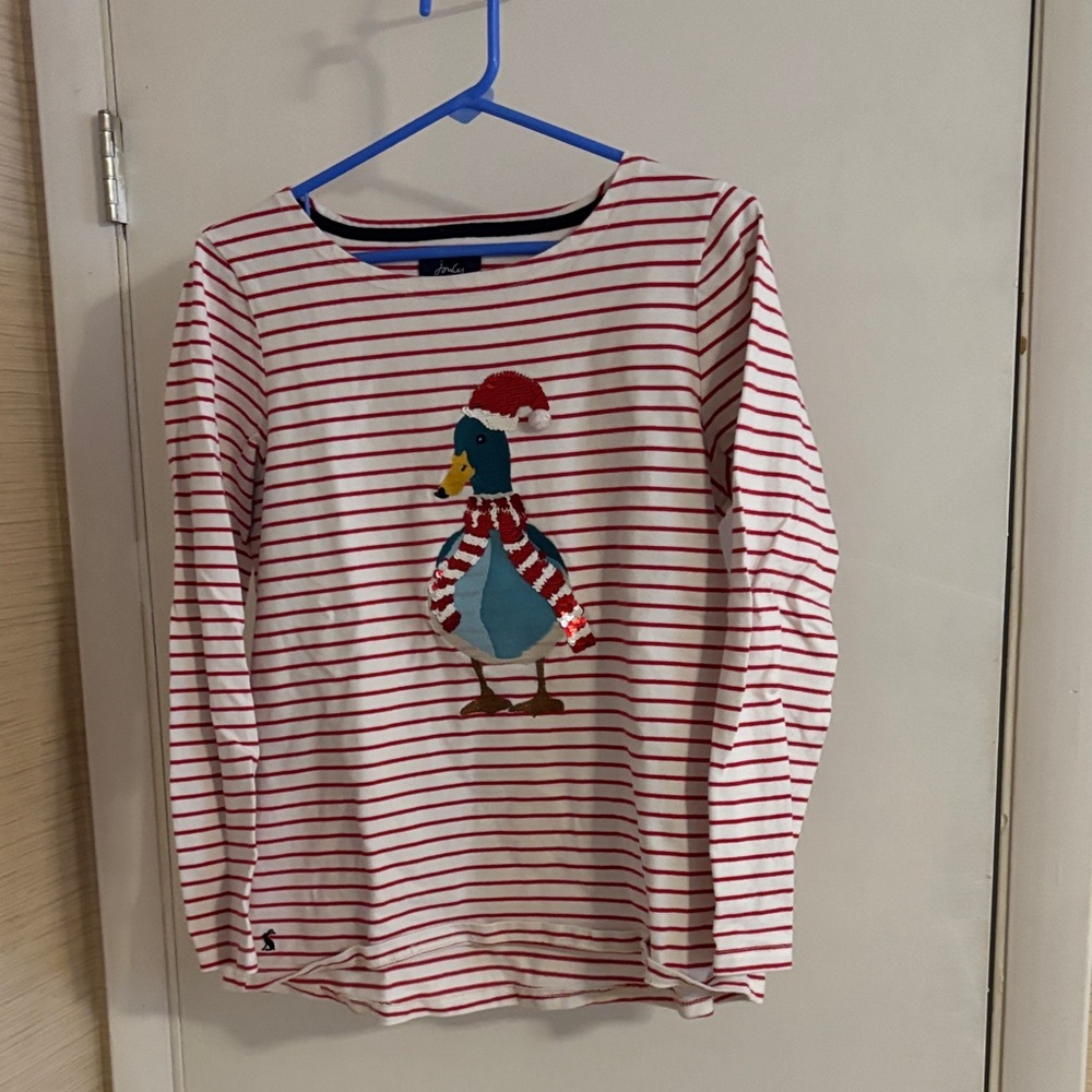 Joules Red and White Striped Long Sleeve Top with Duck Design
